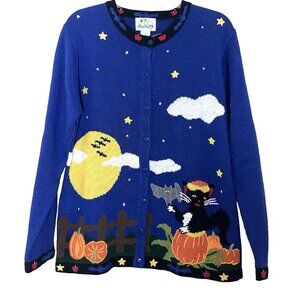 VTG The Quacker Factory Halloween Cardigan Sweater Medium Pumpkin Cat Bat Moon